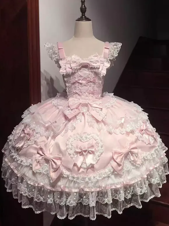 Pink Sweet Lolita Dress Sleeveless Ruffles Bows JSK Hime Lolita Dress
