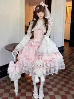 Pink Sweet Lolita Dress Sleeveless Ruffles Bows JSK Hime Lolita Dress