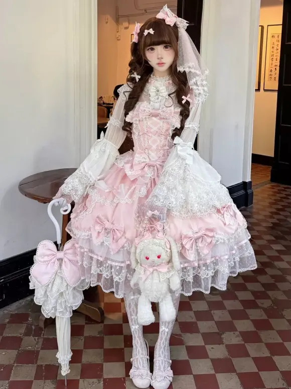 Pink Sweet Lolita Dress Sleeveless Ruffles Bows JSK Hime Lolita Dress