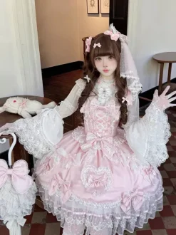 Pink Sweet Lolita Dress Sleeveless Ruffles Bows JSK Hime Lolita Dress