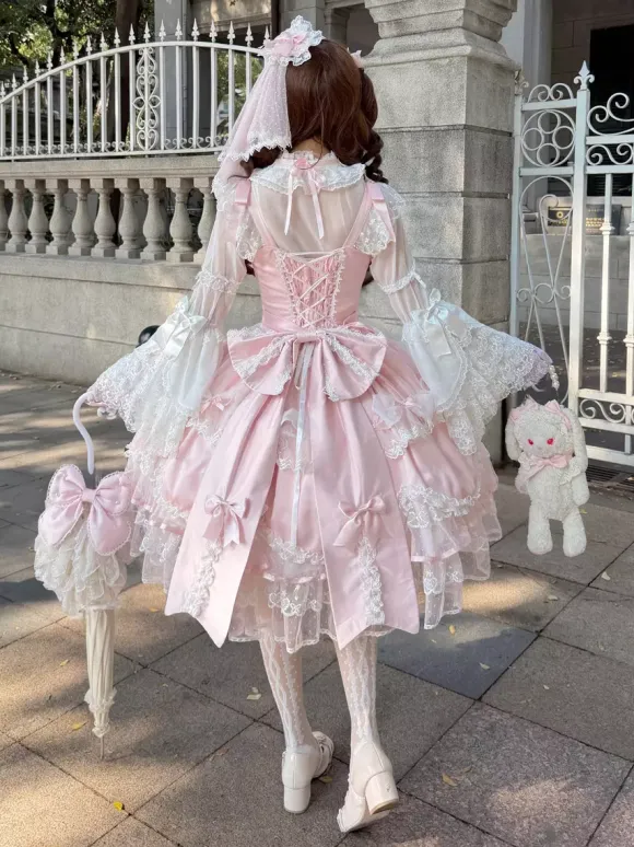 Pink Sweet Lolita Dress Sleeveless Ruffles Bows JSK Hime Lolita Dress