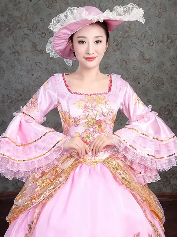 Pink Victorian Elegant Evening Gown With Lace Details Vintage Dress