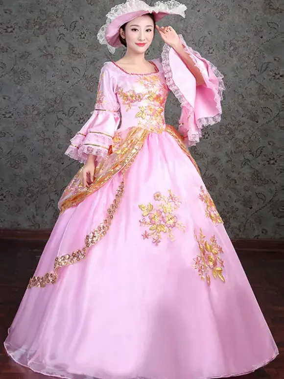 Pink Victorian Elegant Evening Gown With Lace Details Vintage Dress