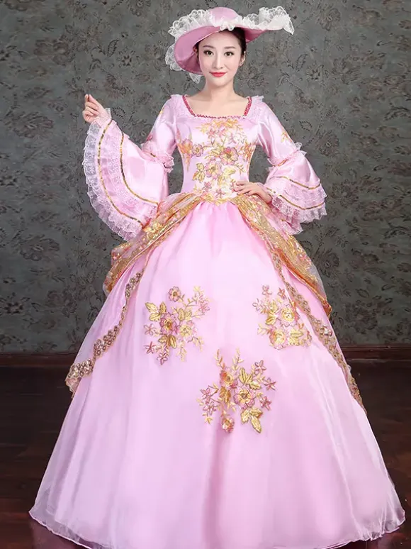 Pink Victorian Elegant Evening Gown With Lace Details Vintage Dress