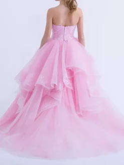 Pink Wedding Dresses A-Line Strapless Sleeveless Backless Lace With Train Bridal Gown Free Customization