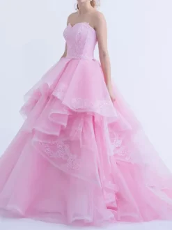Pink Wedding Dresses A-Line Strapless Sleeveless Backless Lace With Train Bridal Gown Free Customization