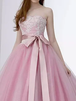 Pink Wedding Dresses A-Line Strapless Sleeveless Backless Lace Up Lace With Train Bridal Gown Free Customization