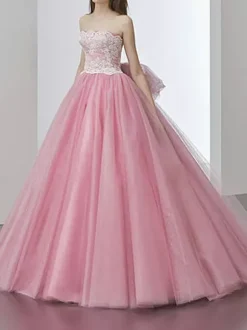 Pink Wedding Dresses A-Line Strapless Sleeveless Backless Lace Up Lace With Train Bridal Gown Free Customization