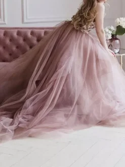 Pink Wedding Dresses A-Line V-Neck Sleeveless Backless Lace With Train Bridal Gown Free Customization