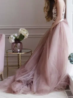 Pink Wedding Dresses A-Line V-Neck Sleeveless Backless Lace With Train Bridal Gown Free Customization