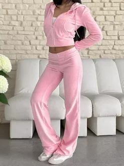 Pink Women's 2 Piece Tracksuit - Trendy Zip Up Cropped Hoodie & Straight Pants - Y2K Velour Style Spring Loungewear 2026