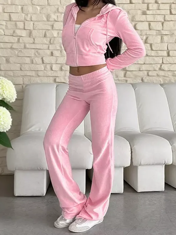 Pink Women's 2 Piece Tracksuit - Trendy Zip Up Cropped Hoodie & Straight Pants - Y2K Velour Style Spring Loungewear 2026