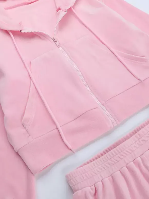 Pink Women's 2 Piece Tracksuit - Trendy Zip Up Cropped Hoodie & Straight Pants - Y2K Velour Style Spring Loungewear 2026