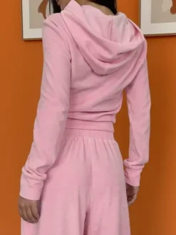 Pink Women's 2 Piece Tracksuit - Trendy Zip Up Cropped Hoodie & Straight Pants - Y2K Velour Style Spring Loungewear 2026
