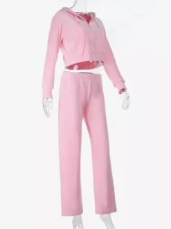Pink Women's 2 Piece Tracksuit - Trendy Zip Up Cropped Hoodie & Straight Pants - Y2K Velour Style Spring Loungewear 2026