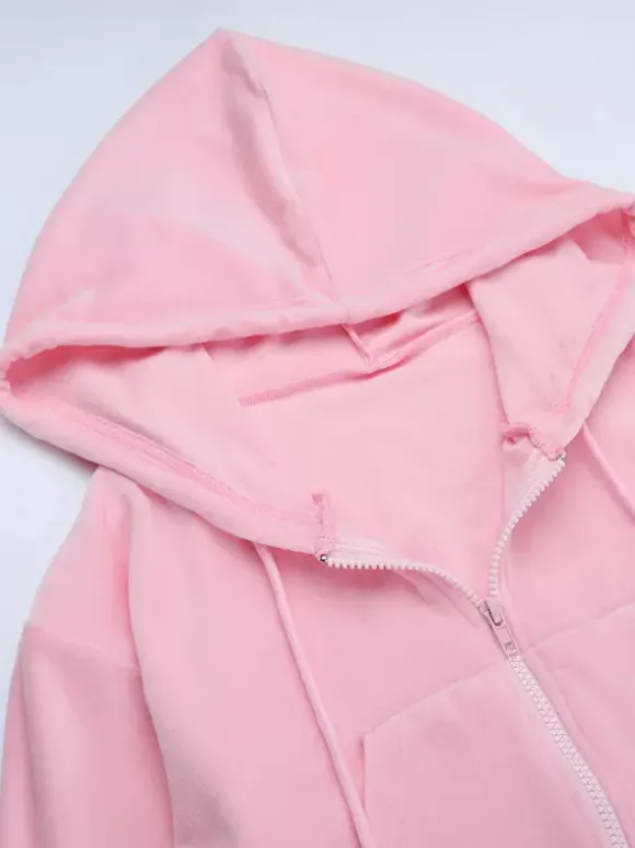 Pink Women's 2 Piece Tracksuit - Trendy Zip Up Cropped Hoodie & Straight Pants - Y2K Velour Style Spring Loungewear 2026