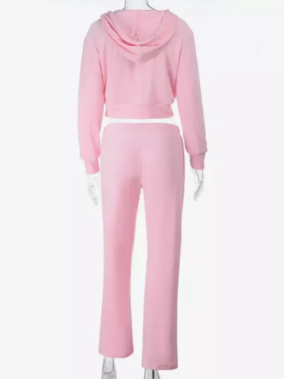 Pink Women's 2 Piece Tracksuit - Trendy Zip Up Cropped Hoodie & Straight Pants - Y2K Velour Style Spring Loungewear 2026