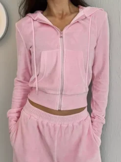 Pink Women's 2 Piece Tracksuit - Trendy Zip Up Cropped Hoodie & Straight Pants - Y2K Velour Style Spring Loungewear 2026