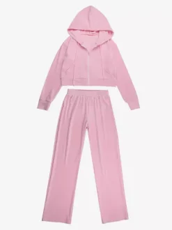 Pink Women's 2 Piece Tracksuit - Trendy Zip Up Cropped Hoodie & Straight Pants - Y2K Velour Style Spring Loungewear 2026