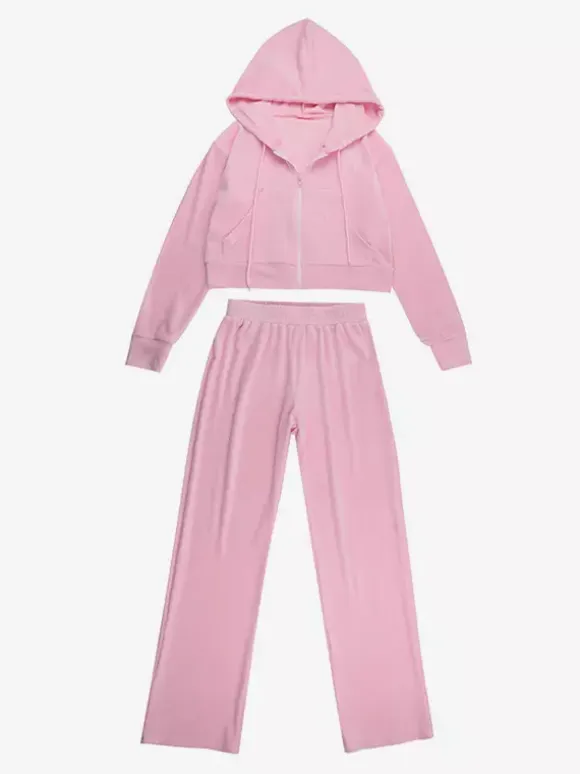 Pink Women's 2 Piece Tracksuit - Trendy Zip Up Cropped Hoodie & Straight Pants - Y2K Velour Style Spring Loungewear 2026