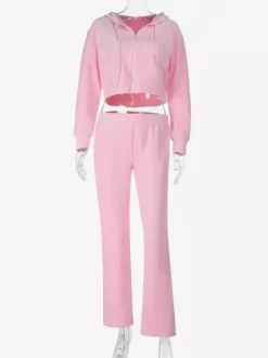 Pink Women's 2 Piece Tracksuit - Trendy Zip Up Cropped Hoodie & Straight Pants - Y2K Velour Style Spring Loungewear 2026
