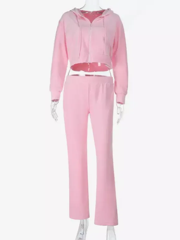 Pink Women's 2 Piece Tracksuit - Trendy Zip Up Cropped Hoodie & Straight Pants - Y2K Velour Style Spring Loungewear 2026