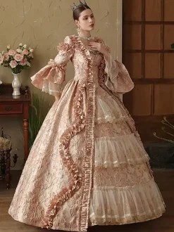 Pink Womens Victorian Rococo Dress Long Sleeves Lace Up Ruffles Vintage Dress