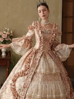 Pink Womens Victorian Rococo Dress Long Sleeves Lace Up Ruffles Vintage Dress
