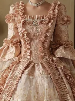 Pink Womens Victorian Rococo Dress Long Sleeves Lace Up Ruffles Vintage Dress