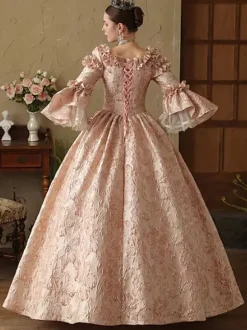Pink Womens Victorian Rococo Dress Long Sleeves Lace Up Ruffles Vintage Dress