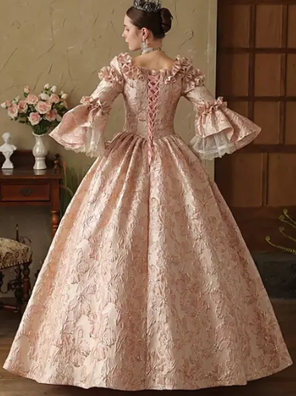 Pink Womens Victorian Rococo Dress Long Sleeves Lace Up Ruffles Vintage Dress