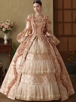 Pink Womens Victorian Rococo Dress Long Sleeves Lace Up Ruffles Vintage Dress