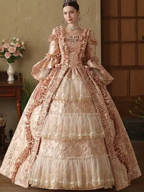 Pink Womens Victorian Rococo Dress Long Sleeves Lace Up Ruffles Vintage Dress