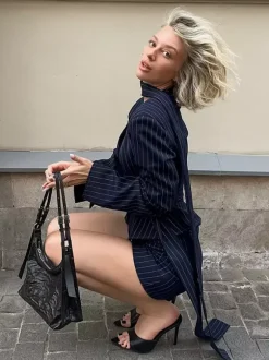 Pinstripe Blazer Dress Set Women's Skirt Suit - Navy Blue Chic Scarf Neck Slim Fit - 2026 Spring Business Party