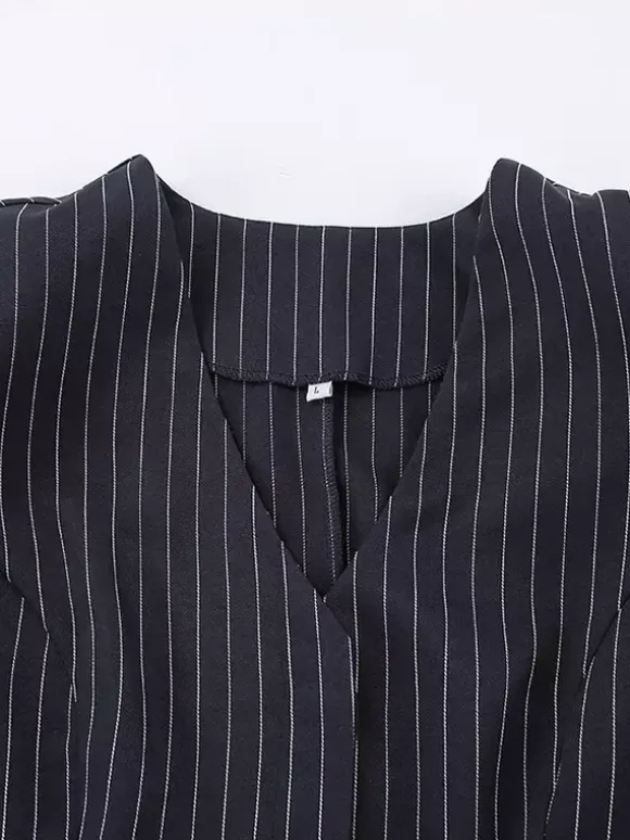 Pinstripe Blazer Dress Set Women's Skirt Suit - Navy Blue Chic Scarf Neck Slim Fit - 2026 Spring Business Party