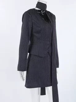 Pinstripe Blazer Dress Set Women's Skirt Suit - Navy Blue Chic Scarf Neck Slim Fit - 2026 Spring Business Party