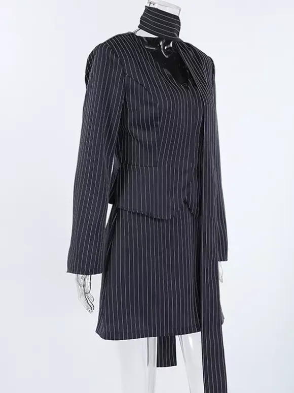 Pinstripe Blazer Dress Set Women's Skirt Suit - Navy Blue Chic Scarf Neck Slim Fit - 2026 Spring Business Party