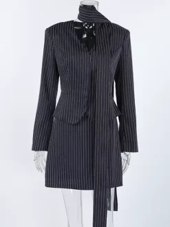 Pinstripe Blazer Dress Set Women's Skirt Suit - Navy Blue Chic Scarf Neck Slim Fit - 2026 Spring Business Party