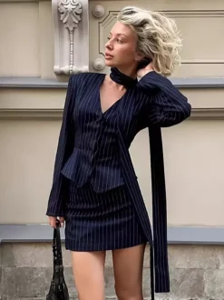 Pinstripe Blazer Dress Set Women's Skirt Suit - Navy Blue Chic Scarf Neck Slim Fit - 2026 Spring Business Party