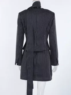 Pinstripe Blazer Dress Set Women's Skirt Suit - Navy Blue Chic Scarf Neck Slim Fit - 2026 Spring Business Party
