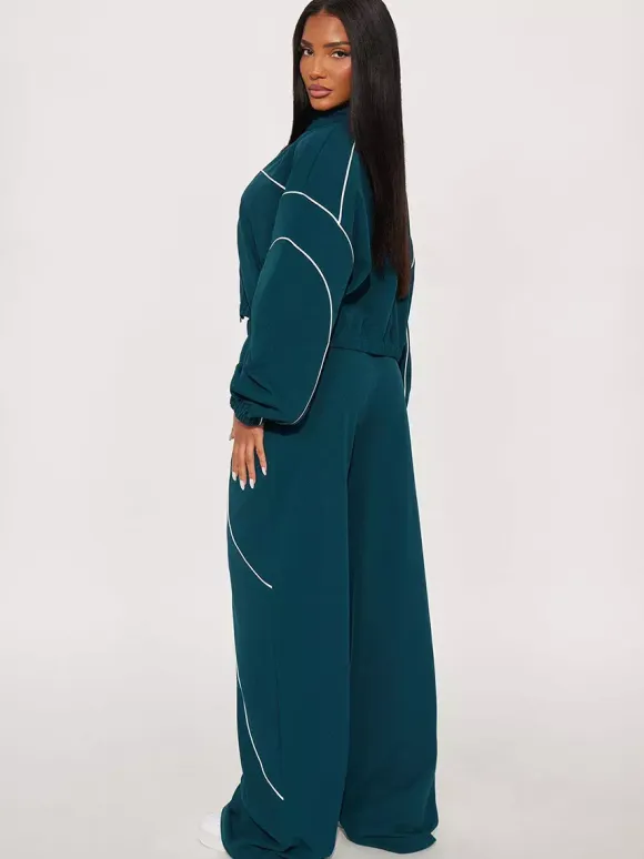 Piping Trim Zip Up Crop Tracksuit With Wide Leg For Women 2026