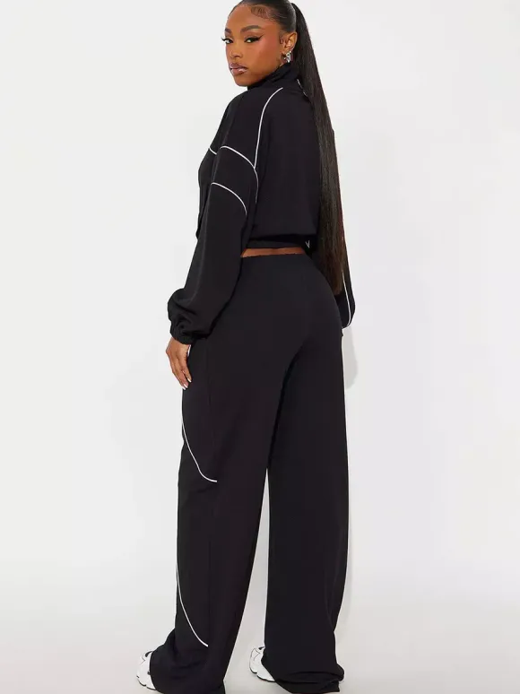 Piping Trim Zip Up Crop Tracksuit With Wide Leg For Women 2026