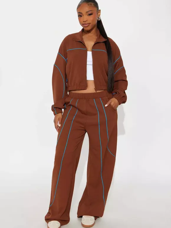 Piping Trim Zip Up Crop Tracksuit With Wide Leg For Women 2026