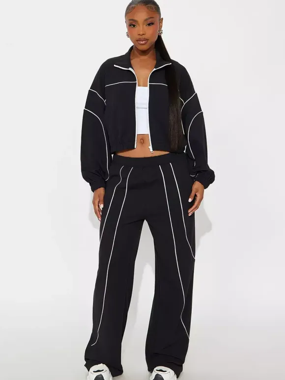 Piping Trim Zip Up Crop Tracksuit With Wide Leg For Women 2026