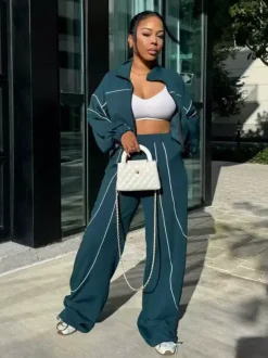 Piping Trim Zip Up Crop Tracksuit With Wide Leg For Women 2026