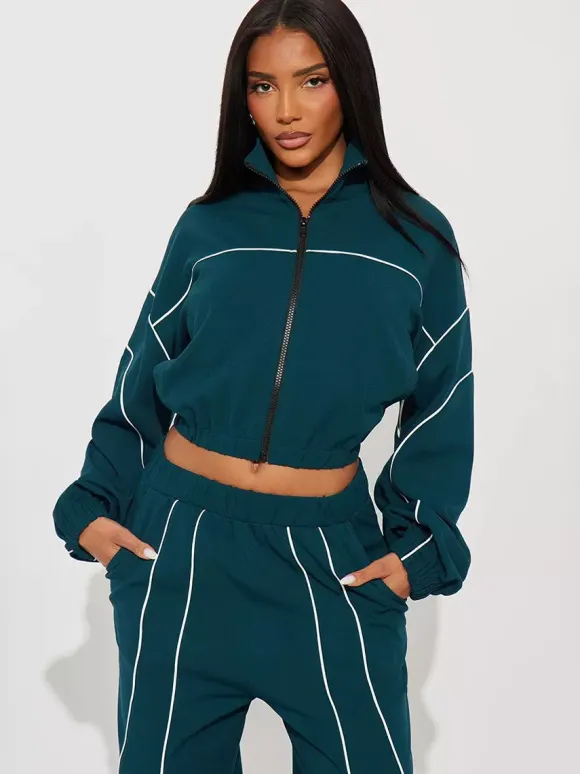 Piping Trim Zip Up Crop Tracksuit With Wide Leg For Women 2026