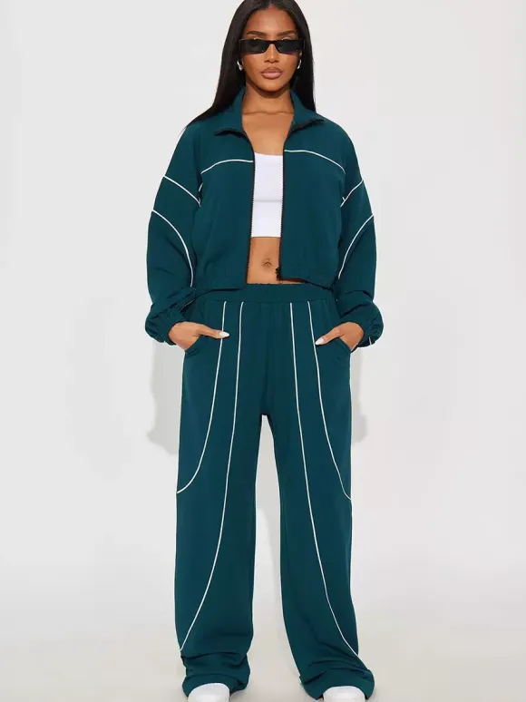 Piping Trim Zip Up Crop Tracksuit With Wide Leg For Women 2026