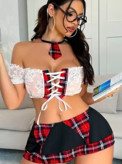 Plaid Lace Off Shoulder Student Uniform Lingerie Costume Set