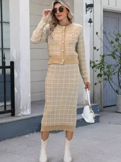 Plaid Cardigan And Pencil Midi Skirt Knit Co-ord Set For Women 2026