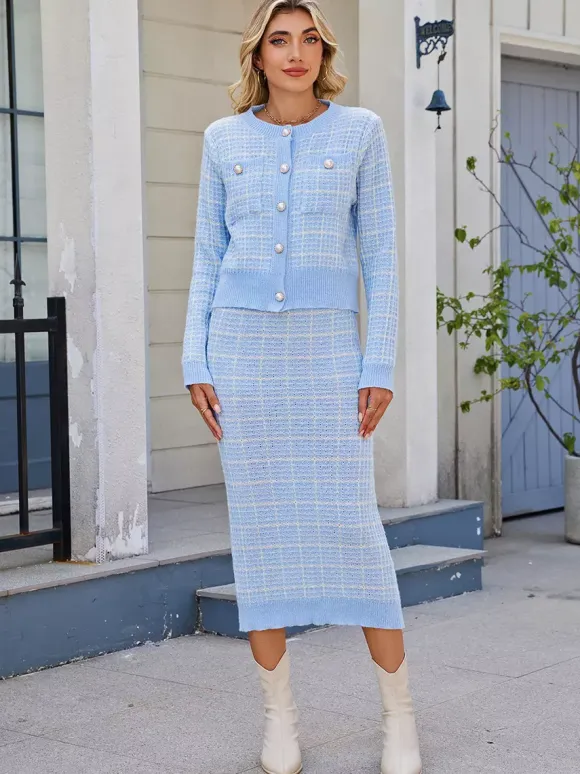 Plaid Cardigan And Pencil Midi Skirt Knit Co-ord Set For Women 2026